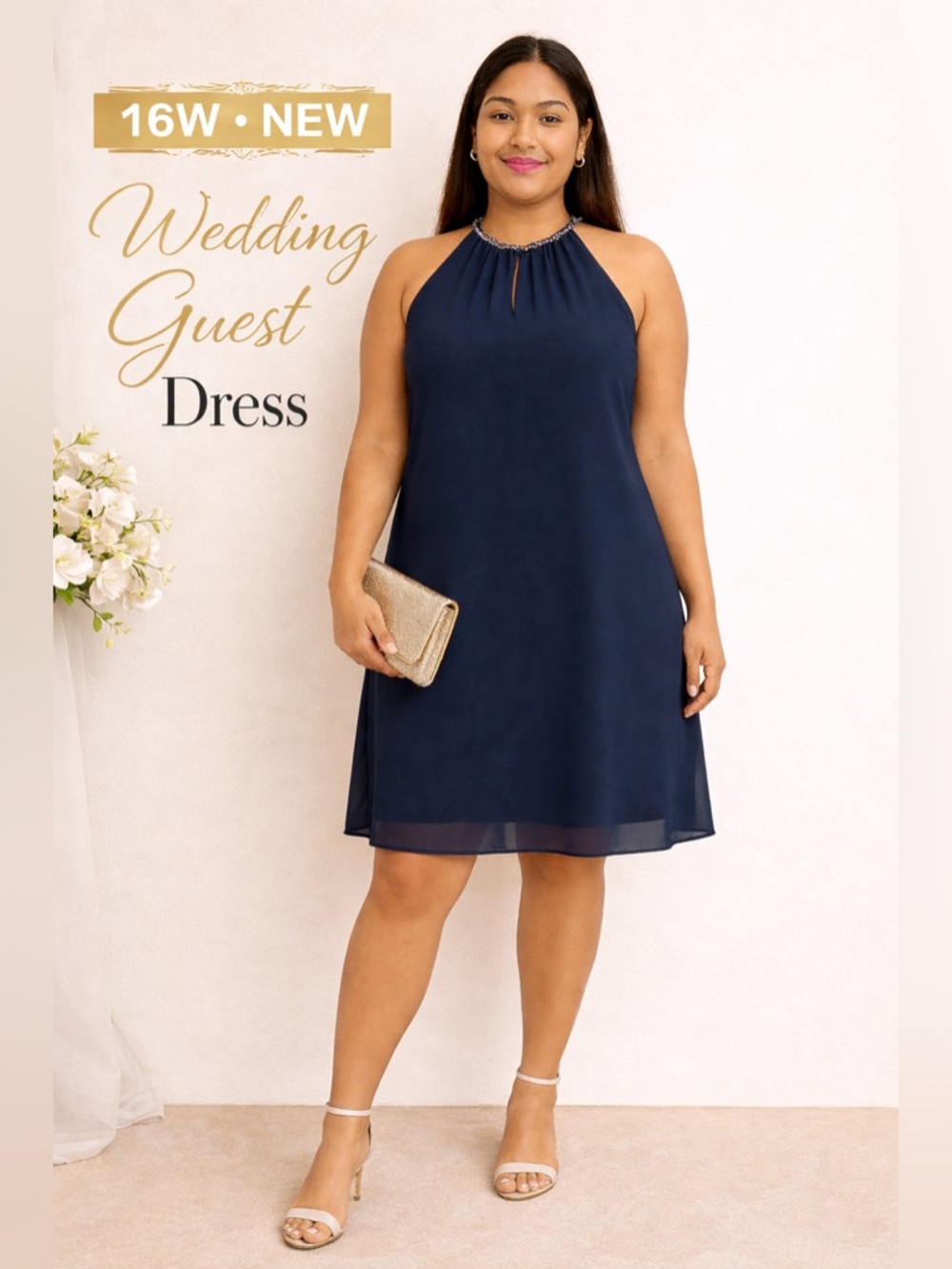 SLNY Navy Blue Beaded Halter Tiered Chiffon Dress Size 16W – New With Tags